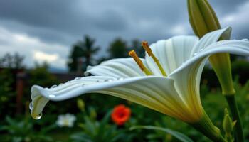 close up view of a white lily petal catching droplets of rain under muted cloudy skies. photo