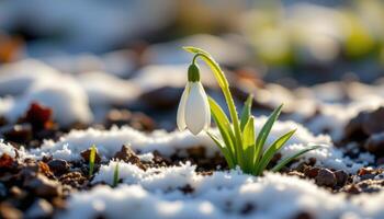 close up view of a snowdrop flower poking through frosted earth on a cold winter morning. photo