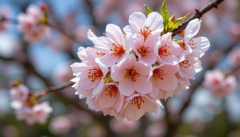 close up view of a cluster of pale pink cherry blossoms against a blurred spring background. photo