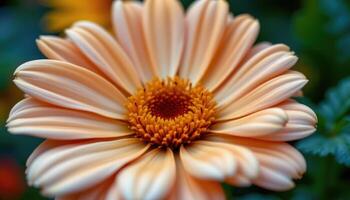 close up view of a soft orange calendula flower with velvety petals and a rich center. photo