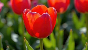 close up view of a brilliant red tulip with smooth, glossy petals catching the light. photo