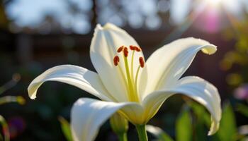close up view of a delicate white lily flower opening slowly beneath soft morning light. photo