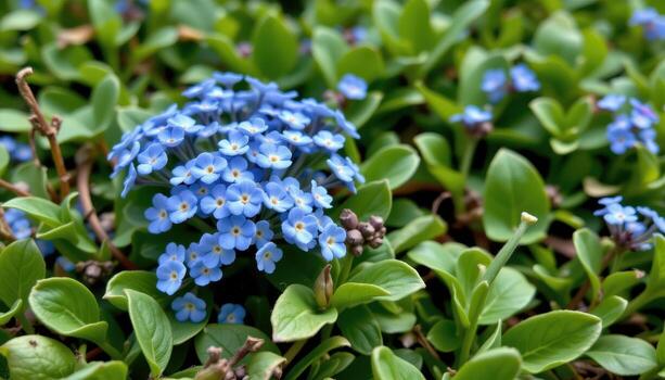 close up view of a cluster of tiny blue forget me not flowers nestled in lush greenery. photo