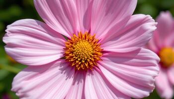 close up view of a pale pink cosmos flower with delicate petals and a bright yellow center. photo