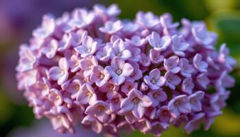 close up view of a soft lavender flower cluster with tiny blossoms glowing softly. photo