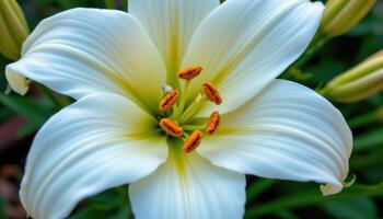 close up view of a white lily flower with gently curled petals and visible pollen grains. photo