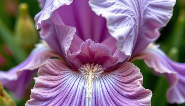 close up view of a soft purple iris flower with intricate petal details and velvety texture. photo