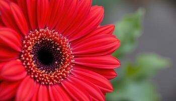 close up view of a vibrant red gerbera daisy with bold petals and a textured center. photo