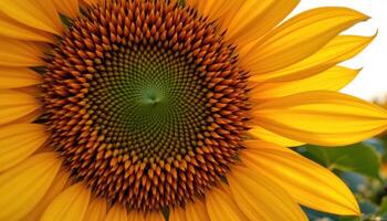 close up view of a golden sunflower with petals radiating outward, glowing in late afternoon light. photo