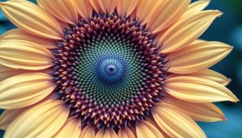 close up view of a bright yellow sunflower blooming exuberantly with its petals reaching outward. photo