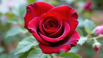 close up view of a deep red rose with velvety petals curling gracefully around its center. photo