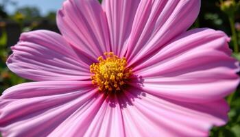 close up view of a pink cosmos flower showing its detailed petal textures and a sunny natural backdrop. photo