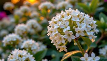 close up view of a cluster of tiny white jasmine flowers glowing softly in an evening garden. photo