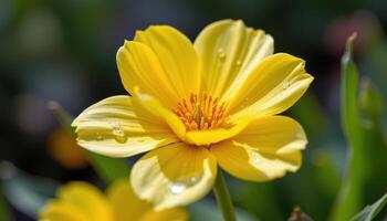 close up view of a fresh yellow buttercup flower with shiny petals reflecting morning dew. photo