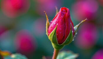 close up view of a rich red rosebud covered in tiny droplets of fresh morning dew. photo