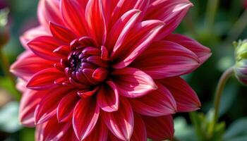 close up view of a vibrant red dahlia flower with intricate layers of petals shining in soft light. photo