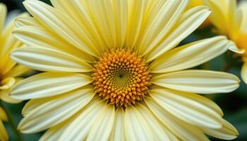close up view of a pale yellow daisy flower with a bright yellow core and thin petals. photo