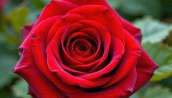 close up view of a velvety red rose with petals spiraling intricately around the flower's center. photo