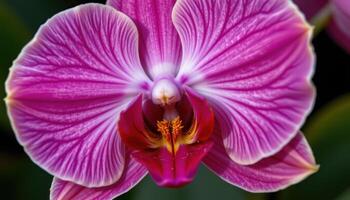 close up view of a rich magenta orchid petal with intricate veins and velvety texture. photo