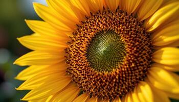close up view of a bold yellow sunflower with radiant petals stretching outward in golden light. photo