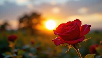 close up view of a velvety red rose with water droplets catching the glow of a soft sunrise. photo