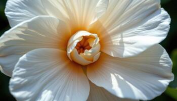close up view of a delicate white camellia petal showing fine veins and soft texture in diffused light. photo