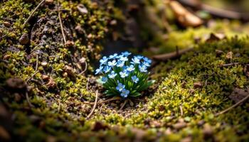 close up view of a cluster of tiny blue forget me nots nestled against mossy ground in shade. photo