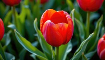 close up view of a bold red tulip surrounded by fresh green leaves in early morning dew. photo
