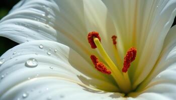 close up view of a white lily with water droplets sparkling on its smooth petals in soft light. photo