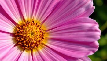close up view of a soft pink cosmos flower with fine veins visible in each petal. photo