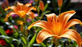 close up view of a vibrant orange tiger lily with speckled petals glowing in bright sunlight. photo