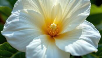 close up view of a pristine white gardenia flower with creamy petals softly illuminated. photo
