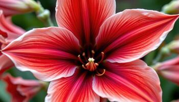 close up view of a deep red amaryllis flower with broad petals stretching outwards. photo