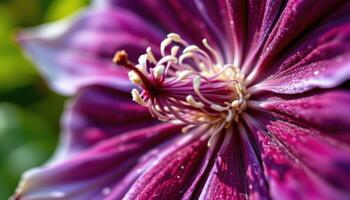 close up view of a rich purple clematis flower with detailed stamens and velvety petals. photo