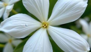 close up view of a delicate white star jasmine flower with tiny petals and subtle fragrance. photo