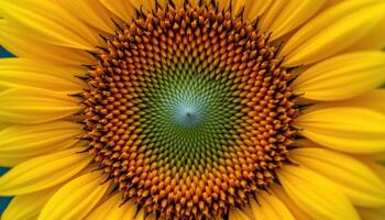 close up view of a vibrant yellow sunflower with textured center seeds and glowing petals. photo