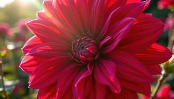 close up view of a deep red dahlia flower glowing vibrantly under afternoon sunlight. photo