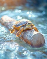 A turtle is sitting on a log in the water photo