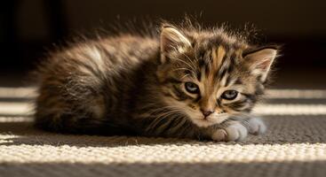 Adorable Kitten Resting on Carpet, Soft Lighting, Warm Tones, Close-Up Portrait. photo