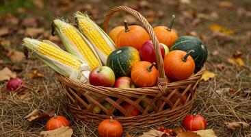 Autumn Harvest Basket Pumpkins, Corn, and Apples in Rustic Setting photo