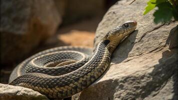 A snake is sitting on a rock in the sun photo
