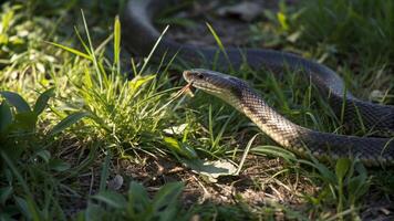 A black snake is sitting in the grass photo