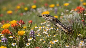 A snake is standing in a field of wildflowers photo
