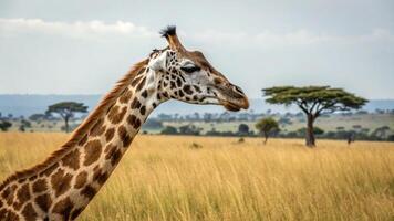 A giraffe stands in the middle of a field photo