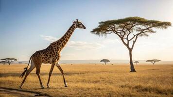 A giraffe walking across the savannah with trees in the background photo