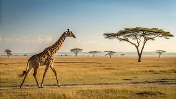 A giraffe walking across a field with trees in the background photo