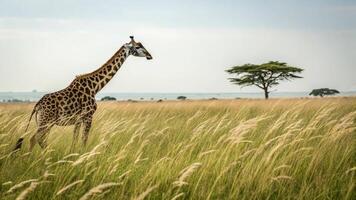 A giraffe standing in tall grass on a field photo