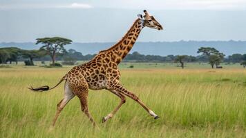 A giraffe running across a field in the wild photo