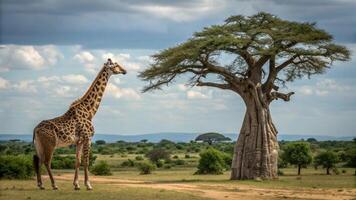 A giraffe standing next to a tree in the middle of a field photo