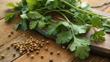 Coriander and cumin on a wooden cutting board photo